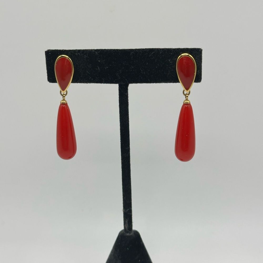 Gold Tone Red Dangling Monet Pierced Earrings